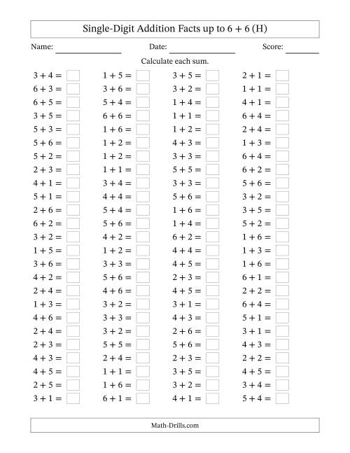 The Horizontally Arranged Single-Digit Addition Facts up to 6 + 6 (100 Questions) (H) Math Worksheet