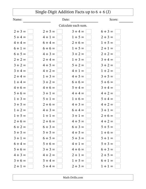The Horizontally Arranged Single-Digit Addition Facts up to 6 + 6 (100 Questions) (J) Math Worksheet