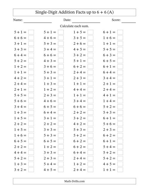 The Horizontally Arranged Single-Digit Addition Facts up to 6 + 6 (100 Questions) (All) Math Worksheet