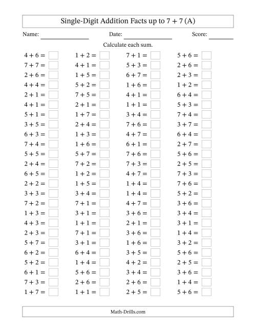 The Single Digit Addition -- 100 Horizontal Questions -- Up to 7 + 7 (A) Math Worksheet