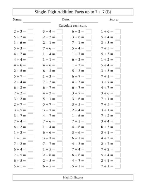The Horizontally Arranged Single-Digit Addition Facts up to 7 + 7 (100 Questions) (B) Math Worksheet