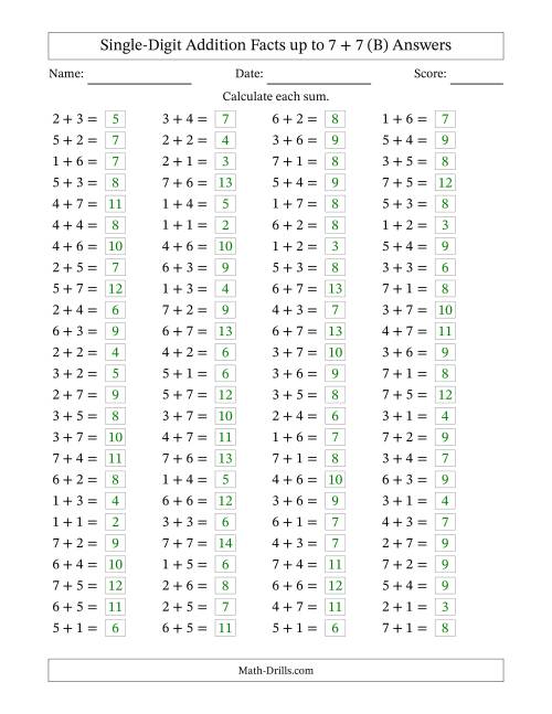 The Horizontally Arranged Single-Digit Addition Facts up to 7 + 7 (100 Questions) (B) Math Worksheet Page 2