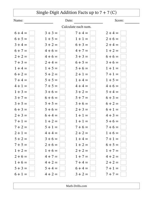 The Horizontally Arranged Single-Digit Addition Facts up to 7 + 7 (100 Questions) (C) Math Worksheet