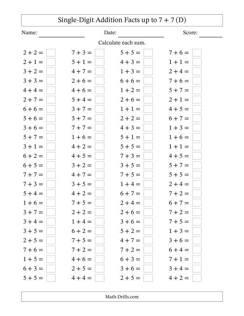 The Horizontally Arranged Single-Digit Addition Facts up to 7 + 7 (100 Questions) (D) Math Worksheet