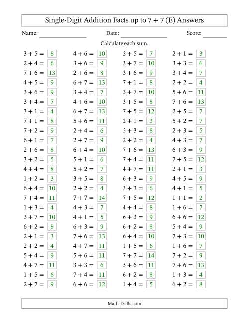 The Horizontally Arranged Single-Digit Addition Facts up to 7 + 7 (100 Questions) (E) Math Worksheet Page 2
