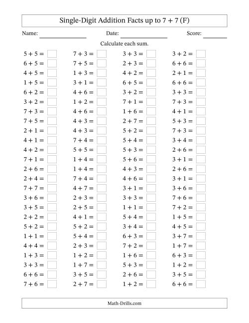 The Horizontally Arranged Single-Digit Addition Facts up to 7 + 7 (100 Questions) (F) Math Worksheet