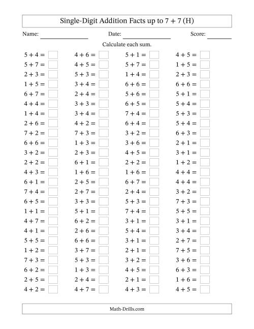 The Horizontally Arranged Single-Digit Addition Facts up to 7 + 7 (100 Questions) (H) Math Worksheet