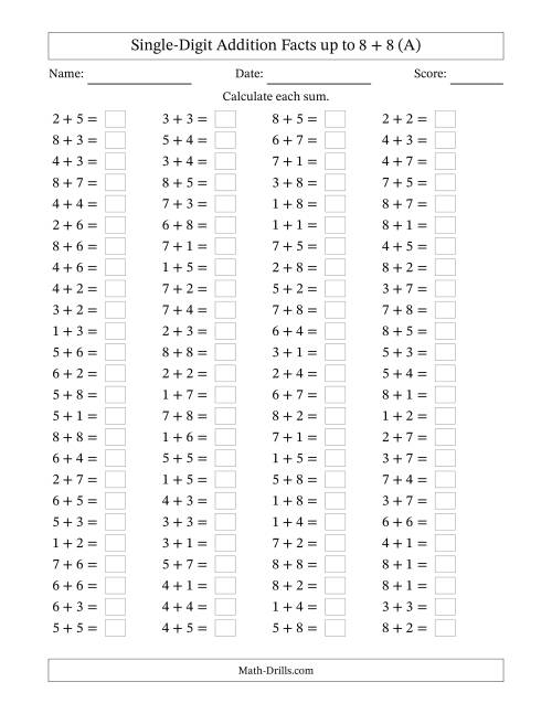 The Single Digit Addition -- 100 Horizontal Questions -- Up to 8 + 8 (A) Math Worksheet