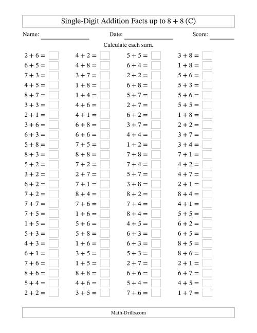 The Horizontally Arranged Single-Digit Addition Facts up to 8 + 8 (100 Questions) (C) Math Worksheet