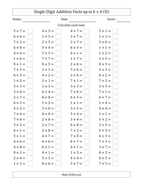 The Horizontally Arranged Single-Digit Addition Facts up to 8 + 8 (100 Questions) (D) Math Worksheet