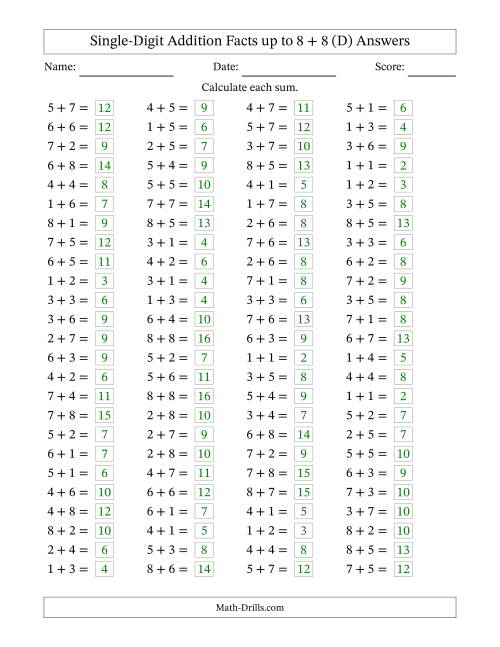 The Horizontally Arranged Single-Digit Addition Facts up to 8 + 8 (100 Questions) (D) Math Worksheet Page 2