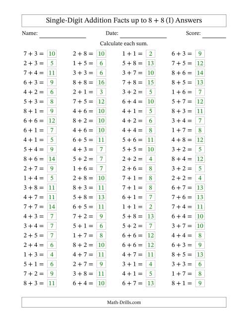 The Horizontally Arranged Single-Digit Addition Facts up to 8 + 8 (100 Questions) (I) Math Worksheet Page 2