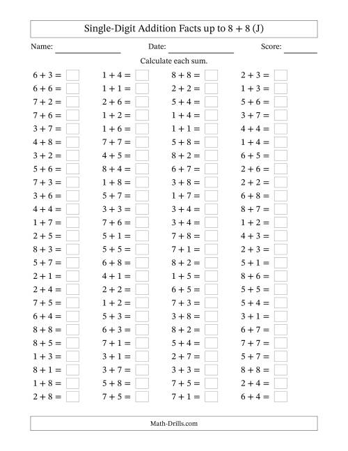 The Horizontally Arranged Single-Digit Addition Facts up to 8 + 8 (100 Questions) (J) Math Worksheet