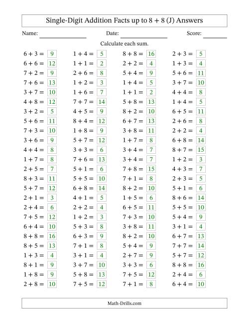 The Horizontally Arranged Single-Digit Addition Facts up to 8 + 8 (100 Questions) (J) Math Worksheet Page 2