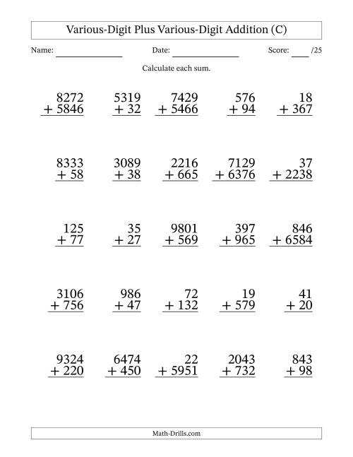 The 2- to 4-Digit Plus 2- to 4-Digit Addition With Some Regrouping (25 Questions) (C) Math Worksheet