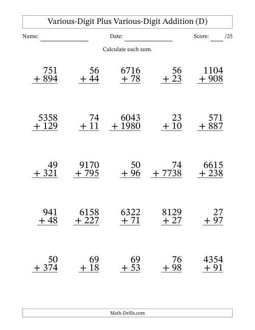 The 2- to 4-Digit Plus 2- to 4-Digit Addition With Some Regrouping (25 Questions) (D) Math Worksheet