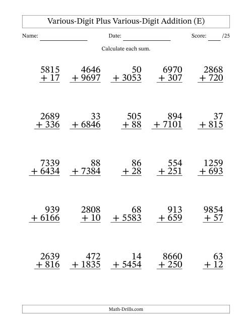 The 2- to 4-Digit Plus 2- to 4-Digit Addition With Some Regrouping (25 Questions) (E) Math Worksheet