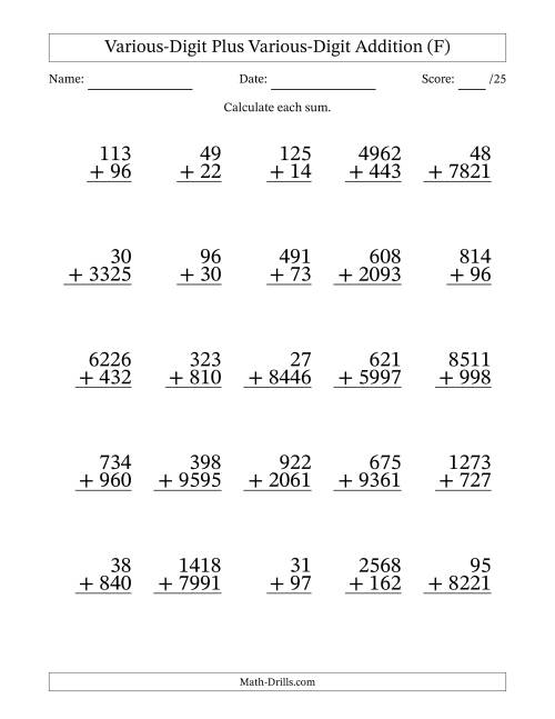 The 2- to 4-Digit Plus 2- to 4-Digit Addition With Some Regrouping (25 Questions) (F) Math Worksheet