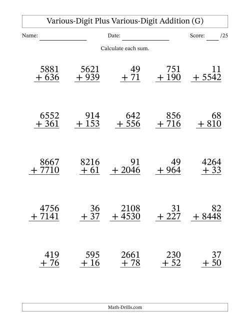 The 2- to 4-Digit Plus 2- to 4-Digit Addition With Some Regrouping (25 Questions) (G) Math Worksheet