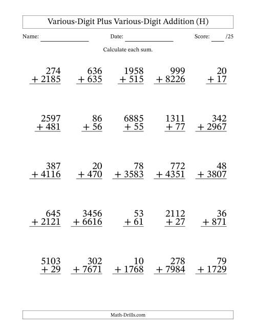 The 2- to 4-Digit Plus 2- to 4-Digit Addition With Some Regrouping (25 Questions) (H) Math Worksheet