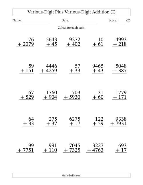 The 2- to 4-Digit Plus 2- to 4-Digit Addition With Some Regrouping (25 Questions) (I) Math Worksheet
