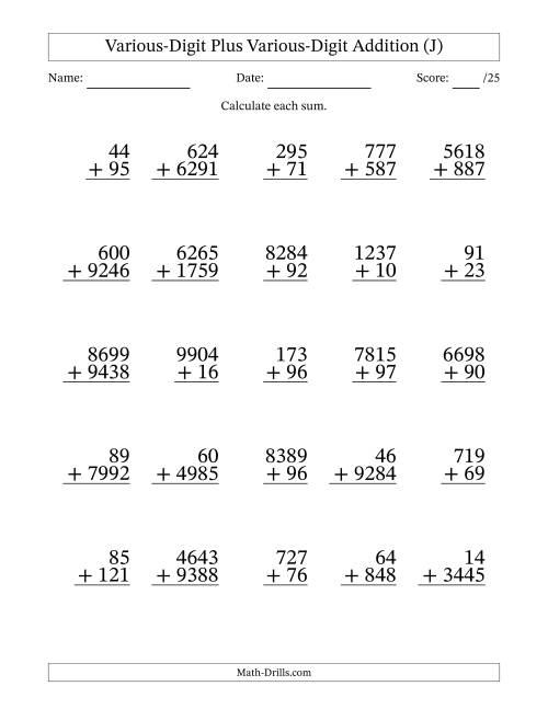The 2- to 4-Digit Plus 2- to 4-Digit Addition With Some Regrouping (25 Questions) (J) Math Worksheet