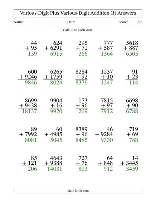 The 2- to 4-Digit Plus 2- to 4-Digit Addition With Some Regrouping (25 Questions) (J) Math Worksheet Page 2