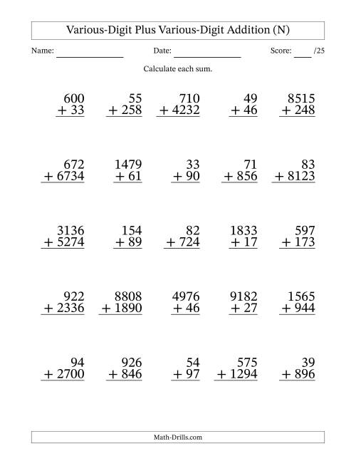 The 2- to 4-Digit Plus 2- to 4-Digit Addition With Some Regrouping (25 Questions) (N) Math Worksheet
