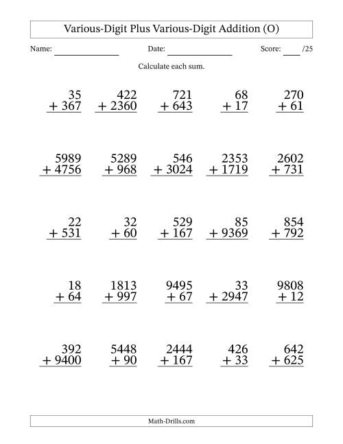 The 2- to 4-Digit Plus 2- to 4-Digit Addition With Some Regrouping (25 Questions) (O) Math Worksheet