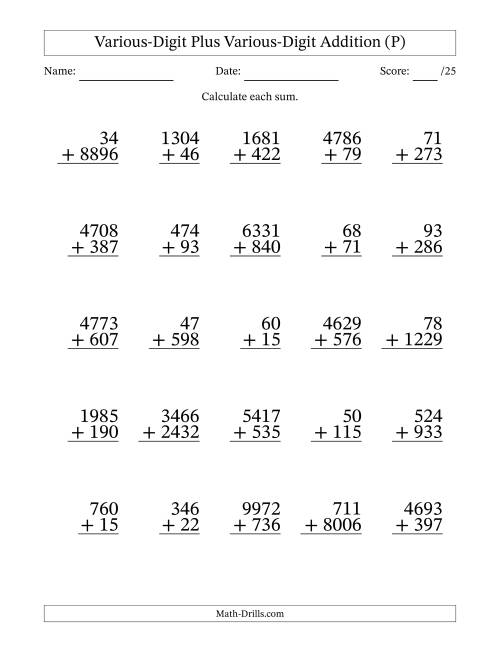 The 2- to 4-Digit Plus 2- to 4-Digit Addition With Some Regrouping (25 Questions) (P) Math Worksheet