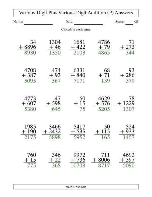 The 2- to 4-Digit Plus 2- to 4-Digit Addition With Some Regrouping (25 Questions) (P) Math Worksheet Page 2