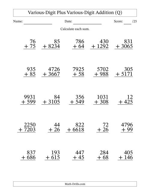 The 2- to 4-Digit Plus 2- to 4-Digit Addition With Some Regrouping (25 Questions) (Q) Math Worksheet