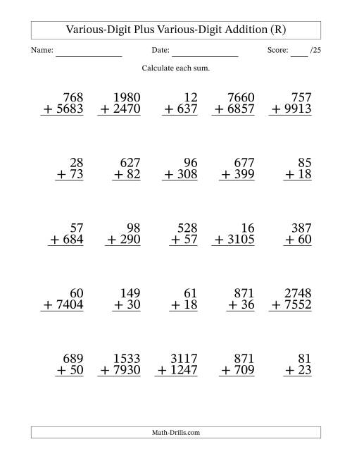 The 2- to 4-Digit Plus 2- to 4-Digit Addition With Some Regrouping (25 Questions) (R) Math Worksheet