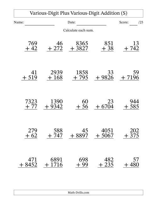 The 2- to 4-Digit Plus 2- to 4-Digit Addition With Some Regrouping (25 Questions) (S) Math Worksheet
