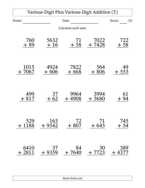 The 2- to 4-Digit Plus 2- to 4-Digit Addition With Some Regrouping (25 Questions) (T) Math Worksheet