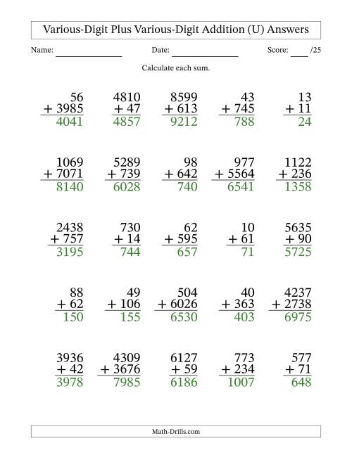 The 2- to 4-Digit Plus 2- to 4-Digit Addition With Some Regrouping (25 Questions) (U) Math Worksheet Page 2