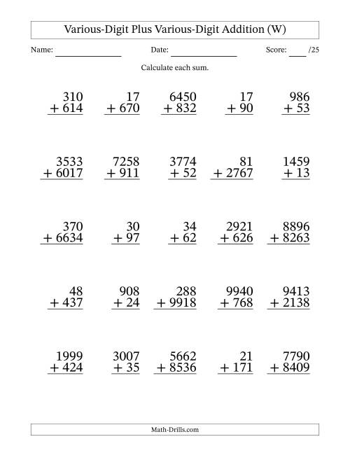 The 2- to 4-Digit Plus 2- to 4-Digit Addition With Some Regrouping (25 Questions) (W) Math Worksheet