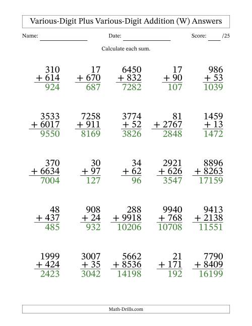 The 2- to 4-Digit Plus 2- to 4-Digit Addition With Some Regrouping (25 Questions) (W) Math Worksheet Page 2
