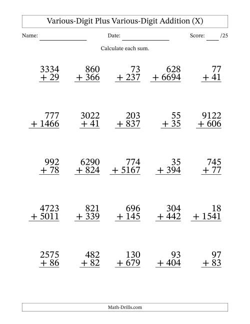 The 2- to 4-Digit Plus 2- to 4-Digit Addition With Some Regrouping (25 Questions) (X) Math Worksheet