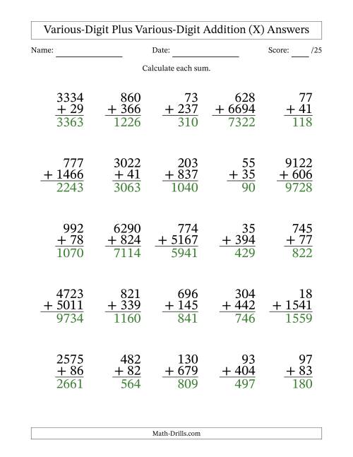 The 2- to 4-Digit Plus 2- to 4-Digit Addition With Some Regrouping (25 Questions) (X) Math Worksheet Page 2