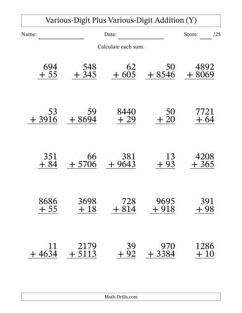 The 2- to 4-Digit Plus 2- to 4-Digit Addition With Some Regrouping (25 Questions) (Y) Math Worksheet