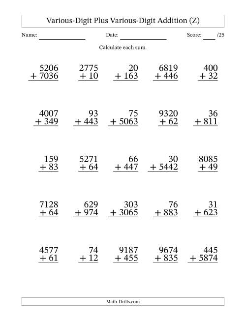 The 2- to 4-Digit Plus 2- to 4-Digit Addition With Some Regrouping (25 Questions) (Z) Math Worksheet