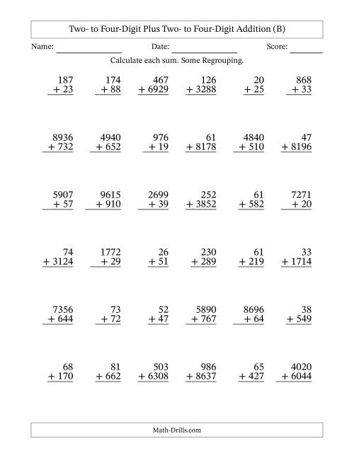 The Two- to Four-Digit Plus Two- to Four-Digit Addition With Some Regrouping – 36 Questions (B) Math Worksheet