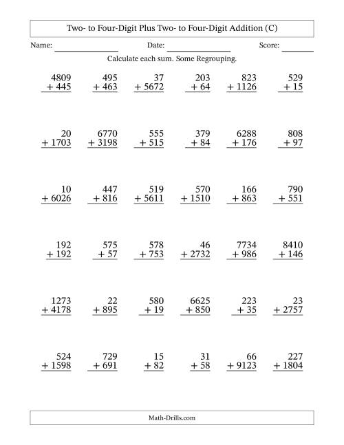 The Two- to Four-Digit Plus Two- to Four-Digit Addition With Some Regrouping – 36 Questions (C) Math Worksheet