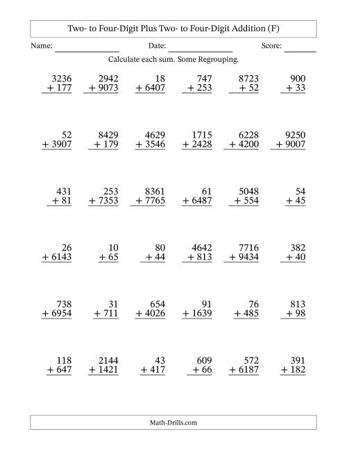 The Two- to Four-Digit Plus Two- to Four-Digit Addition With Some Regrouping – 36 Questions (F) Math Worksheet