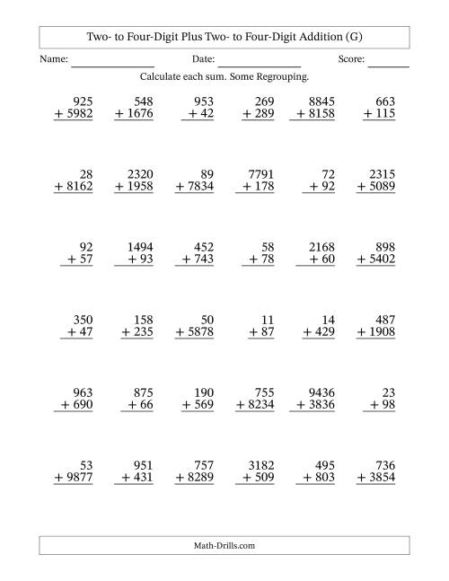 The Two- to Four-Digit Plus Two- to Four-Digit Addition With Some Regrouping – 36 Questions (G) Math Worksheet