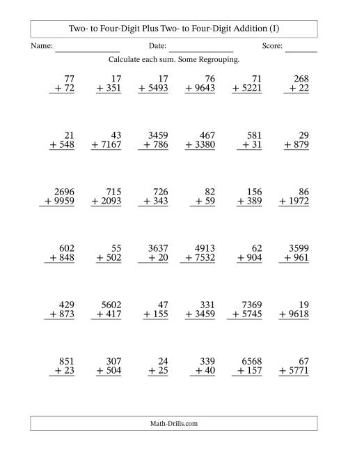 The Two- to Four-Digit Plus Two- to Four-Digit Addition With Some Regrouping – 36 Questions (I) Math Worksheet