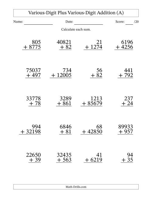 The 2- to 5-Digit Plus 2- to 5-Digit Addition With Some Regrouping (20 Questions) (A) Math Worksheet