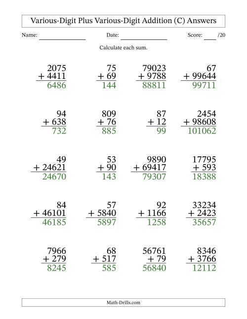 The 2- to 5-Digit Plus 2- to 5-Digit Addition With Some Regrouping (20 Questions) (C) Math Worksheet Page 2