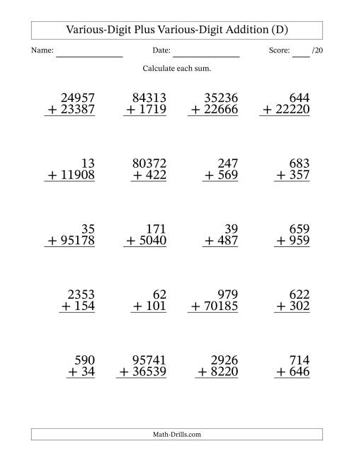 The 2- to 5-Digit Plus 2- to 5-Digit Addition With Some Regrouping (20 Questions) (D) Math Worksheet